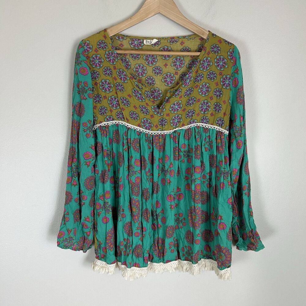 Natural Life Live Happy S/M Tunic Top Peasant Floral Patchwork Fringe Turquoise